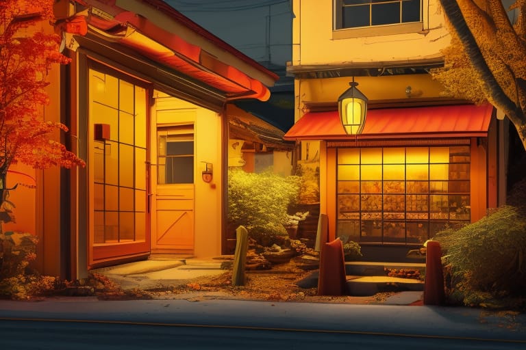 Midnight, Japan, Extreme Close-up Of A Bright Coffee Shops, Low Old House, Dense Branches, Glass Door And Window, Drinks, Bars, Table, Chairs, Steps, Pipes...