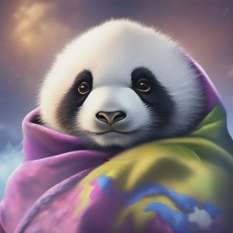 Painting Of A Extremely Cute Panda, Wrapped Up In A Blanket, Wearing A Hat, Night Sky, Masterpiece, Trending On Artstation, Semirealistic