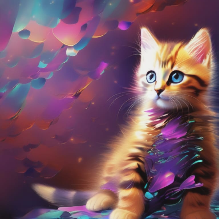 Short-haired Kitten With Purple Eyes, Seated Before A Diminutive Abode, Glass Shards Effect Surrounding It, Iridescent And Luminescent Scales Covering Its...
