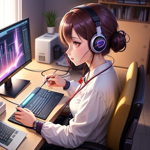 A Person Sitting At A Desk With A Computer Two Monitor And Headphones, Digital Anime Illustration, Detailed Digital Anime Art, Digital Anime Art, Anime Dig...
