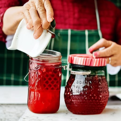 Show A Picture Of A Old Lady In A Kitchen Holding A Jam Jar, The Old Lady Smiles, You Can See The Old Lady, The Old Lady Is Making Jam At Home