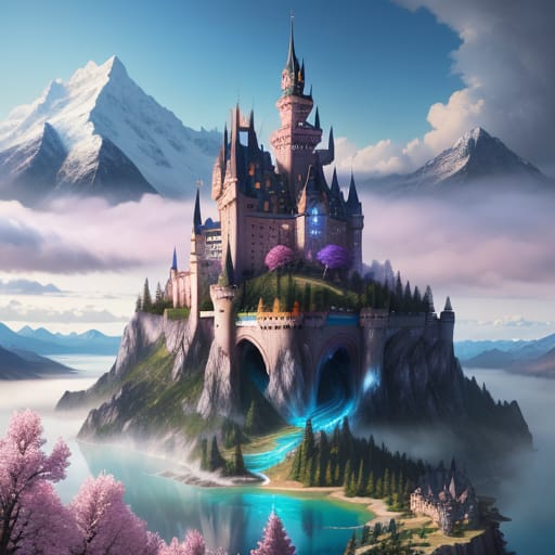 Magical Landscape With Multi-tiered Castle, Trees, Flowers, Majestic Mountain Range, Fog Fantastic Place Ethereal Colorful Fantasy World, Large Crystal Blu...