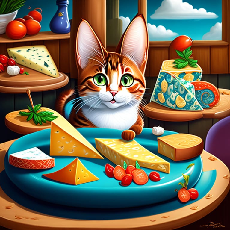 A Mischievous Cartoon Cat Indulges In A Feast Of Fine Cheeses And Cold Cuts. With A Mischievous Grin, The Cat's Eyes Widen As It Savors Each Delectable Bit...