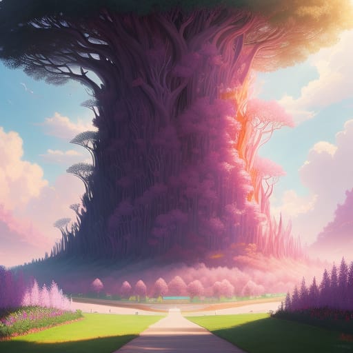 Imaginary Fantasia-style Surreal, Red Porcupines In Mo Willems Style. Set In A Fantastic Imaginary Space, Purple Trees And Platinum Grass, Mauve Flowers In...