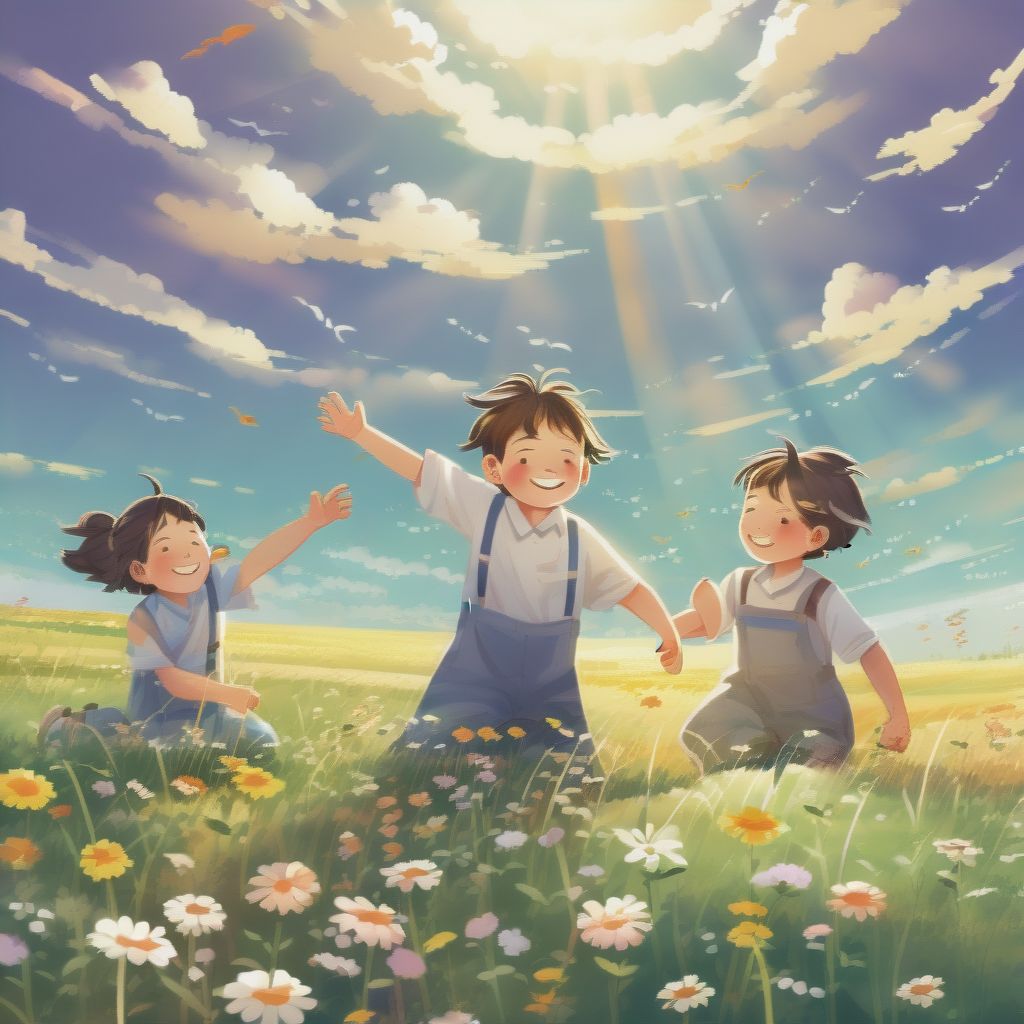 Painted Style Illustration For A Simple Children's Picture Book. Not Many Details 3 Children Playing In A Field, 2 Boys 1 Girl. The Field Has Flowers And G...