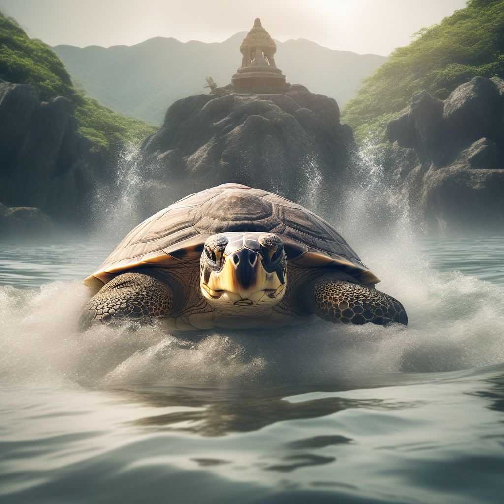 Generate Image Of Large Mountain On Top Of A Gaint Tortoise In An Underwater Setting. The Mountain Should Have A 5 Headed Snake Wrapped Around It In Such A...