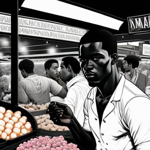 Blkmndy, Inside A Market, With Food, Dark Background, Food In The Hands, Hungry, Discussing, Black Hair, Colored, Comic Style, Black And White, Comic Style...