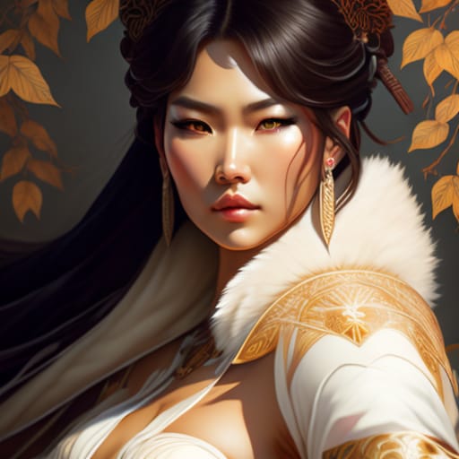 Image Of A Woman With White Wolf, Short Brown Hair, Determined Facial Expression, Realistic Anime Style, Realistic Shading, Realistic Proportions, Warrior,...