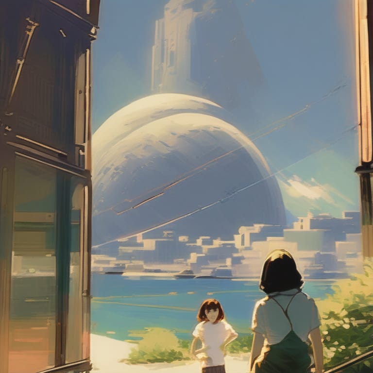 Landscape With Two Children Girls Using Futuristic Clothes And A Dog With Astronaut Clothes, In Front Of A Bug Landscape, Looking At The Giant Sun In The B...