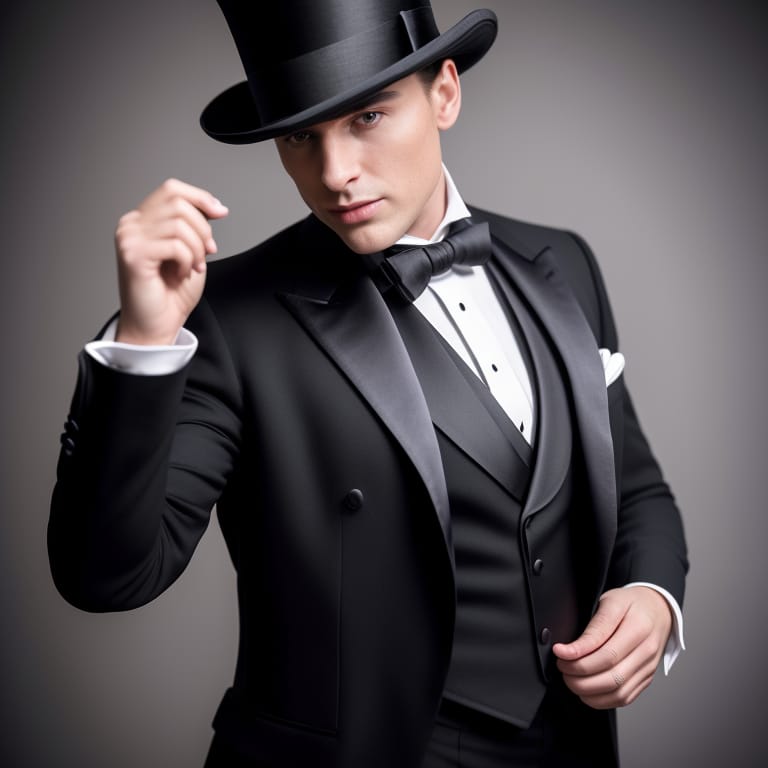 18k Ultra HD, English Elegant Stage Magician In Modern Black Tux, Only Cravat And Top Hat, Macro Realism, Macrophotography, Perfectly Proportioned, Perfect...