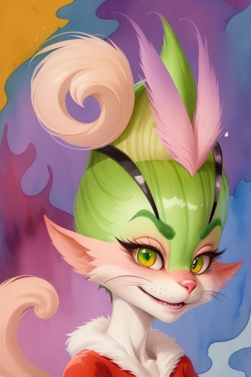 Close Up Character Portrait Of A Character Drawn In The Style Of Dr. Seuss, Unusual Fur Colors, Similar To The Grinch, Cindy Lou Hoo And Other Characters F...