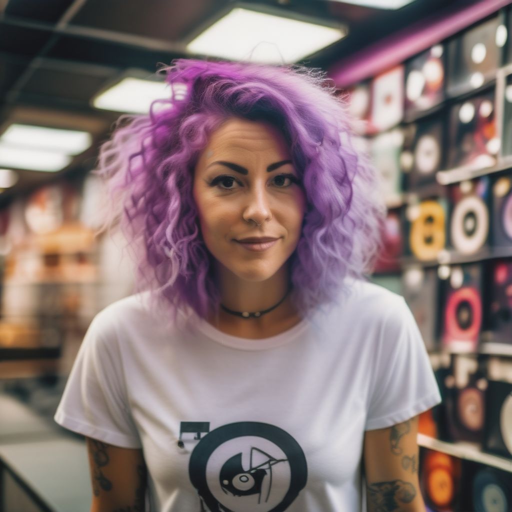 A Funky 40 Year Old Woman With Purple Hair. She Is Wearing A White Tshirt With No Text Or Graphic On It. The Background Of A Record Store Is Blurred