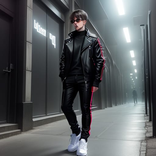Techno Rave Club In Berlin Berghain, Harry Potter: Futuristic Black Leather Jacket With LED Strips, Paired With Slim-fit Techno Trousers And High-top Light...