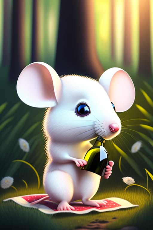 White Cute Mouse In Pixar Style With Big Beautiful Eyes, Tiny Cute Ears And A Long Curly Tail On A Picnic Blanket With Cheese And A Bottle Of Wine, , Fores...