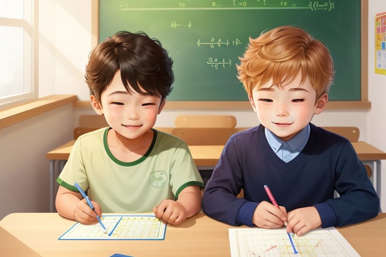 Detailed Colored Line Drawing Of Boys. Both Sit At A Table In A Children's Room And Learn Mathematics Together. Both Children Are Smiling Kindly.