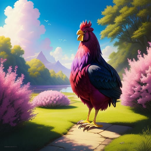 Imaginary Fantasia-style Surreal And Unrealistic Bright Brilliant Plum Colored Rooster In Mo Willems Style. Set In A Fantastic Imaginary Space, Purple Tree...