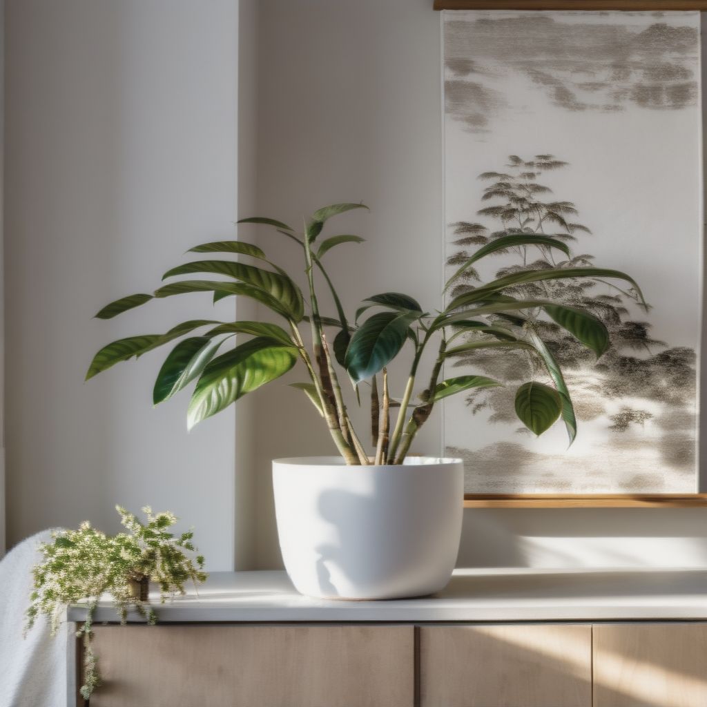 Pot Plant In A White Pot On A Wooden Stand On A Sideboard In A Room With Wall Hanging