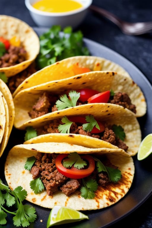 Task: Develop An AI Image Program That Generates An Image Of Tacos That Looks Fresh And Delicious. The Image Should Have Vibrant Colors And Dramatic Lighti...