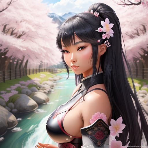 Pop Art Style Poster Of A Beautiful Black Japanese Female Warrior Meditating Under A Blooming Cherry Blossom Tree With A Flowing River In The Background. T...
