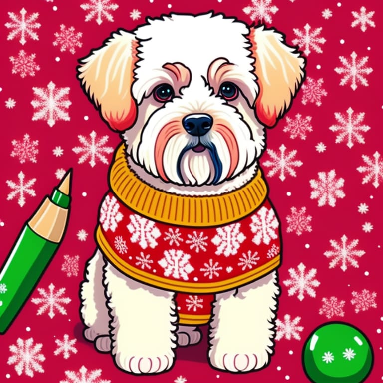 Coloring Pages Of A Bichon Maltese Puppy With A Christmas Sweater, Cute Style, Christmas Mandala,anime Style, High Detail, White Background, No Shading. Fu...