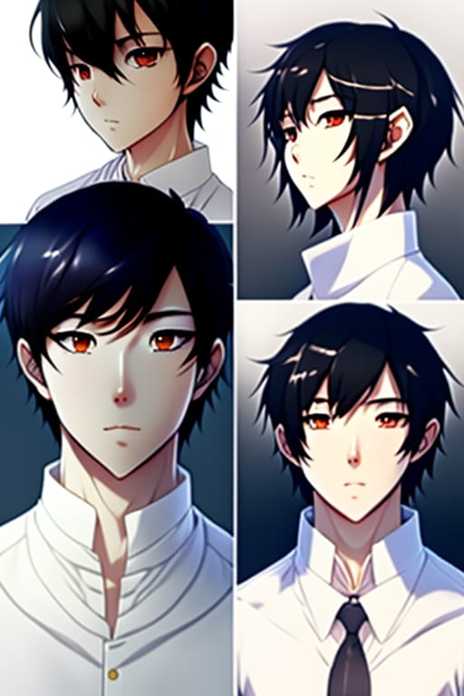 Realistic-anime Style, Cute Asian Young Man, Medium Black Hair, Asian Blue Sea Eyes, Black Mock Neck, Semi-realistic, Extremely Delicate, Insanely Detailed...