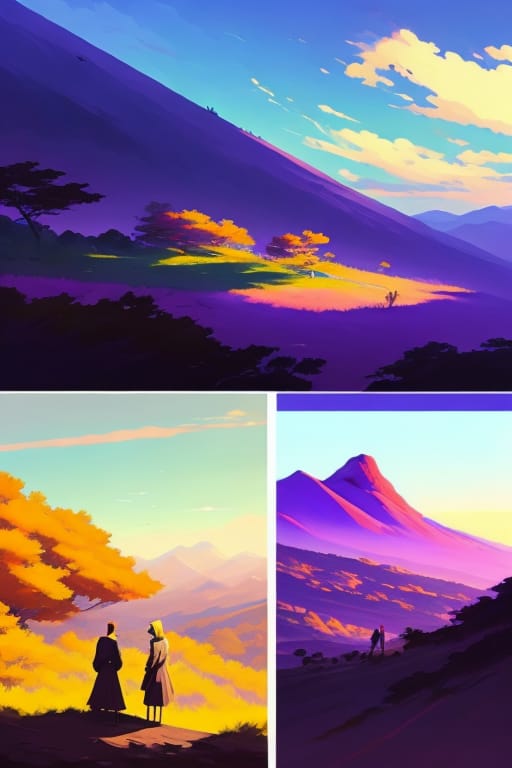Create A Silhouette Of A Couple Hugging On A Hill. Below The Hill Is A Destroyed Village. It's The Break Of Dawn With Blue And Purple Colour Sky And Fluffy...