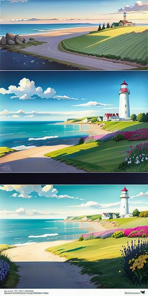 Paint A Landscape Canvas, In The Style Of Dave Thompson, David Hockney, Edward Hopper, Watercolor, Global Illumination, Romantic Summer Morning At The Coas...