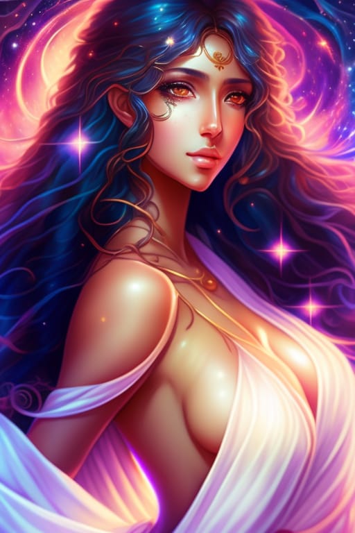 Beautiful Aphrodite Woman With Long Dark Messy Hair, Tanned Skin, Sulty Expression, Top View, Anime Style, White Robes, Perfect Anatomy, Deep Cleavage, Bol...