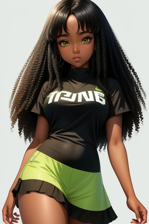 Game 2d Art, Image Of A Hot Teenage Black Skin Girl, Black Straight Curly Hair, Big Eyes, Alone, 16 Years Old, Green Eyes, Anime, Anime Anime Anime Anime A...