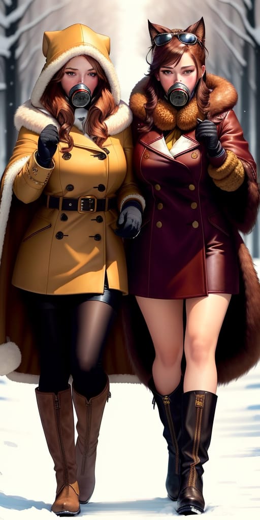 Qualityq 8k. Pretty Women. These Pretty Women Are Dressed In A Huge Disproportionate Natural All-fur Coat With A Huge Disproportionate Natural All-fut Hood...