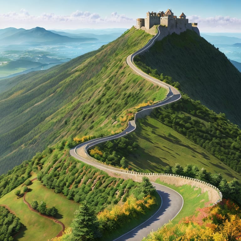 Fortress On Top Of A Hill, Europe, A Road Winds Up The Hill, Surrounded By A Forest, Watercolor, Ultra Hd, Realistic, Vivid Colors, Highly Detailed, UHD Dr...