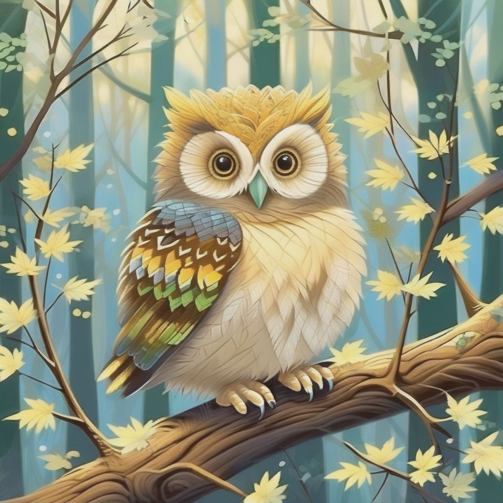 (masterpiece, High-quality:1.3), Adorable Baby Owl Perched On A (lush, Thick Branch:1.2), (large, Round Eyes:1.2) Wide With Curiosity, Fluffy (white And Br...