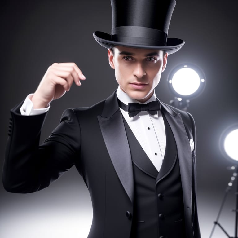 18k Ultra HD, English Elegant Stage Magician In Modern Black Tux, Only Cravat And Top Hat, Macro Realism, Macrophotography, Perfectly Proportioned, Perfect...