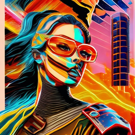 Image Of Chrome Katana Rests Against A Neon-drenched Cityscape Reflected In Mirrored Aviators. Holographic Tattoos Crawl Up A Gloved Hand, Gripping The Hil...