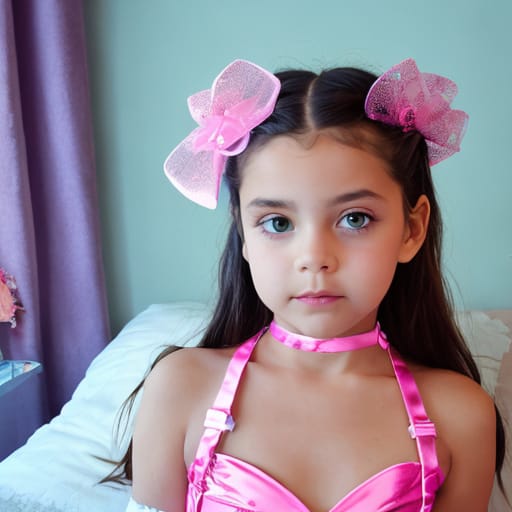 11 And A Half Year Old Girl. Pale Skin, Skinny. Dark Hair In Braids With Shiny Satin Ribbons. Dark Big Eyes. Natural Face With Lipgloss. Wearing A Pink Sat...