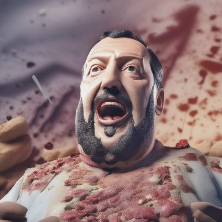 Matteo Salvini, Very Realistic Face Of Matteo Salvini, Immersed In A Huge Mound Of Weird Disgusting Unthinkable Food And Rotten Meat While Eating Voracious...