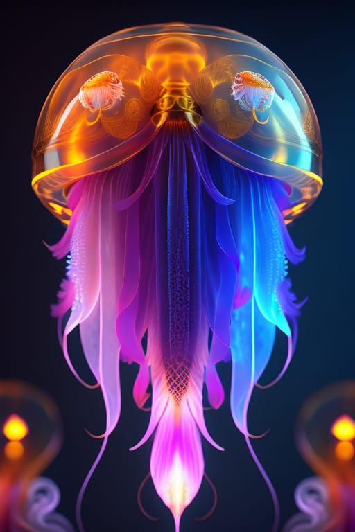 Jellyfish Phoenix Head, Nautilus, Orchid, Skull, Betta Fish, Bioluminiscent Creatures, Octane Render, Trending On Artstation, Very Coherent Symmetrical Art...