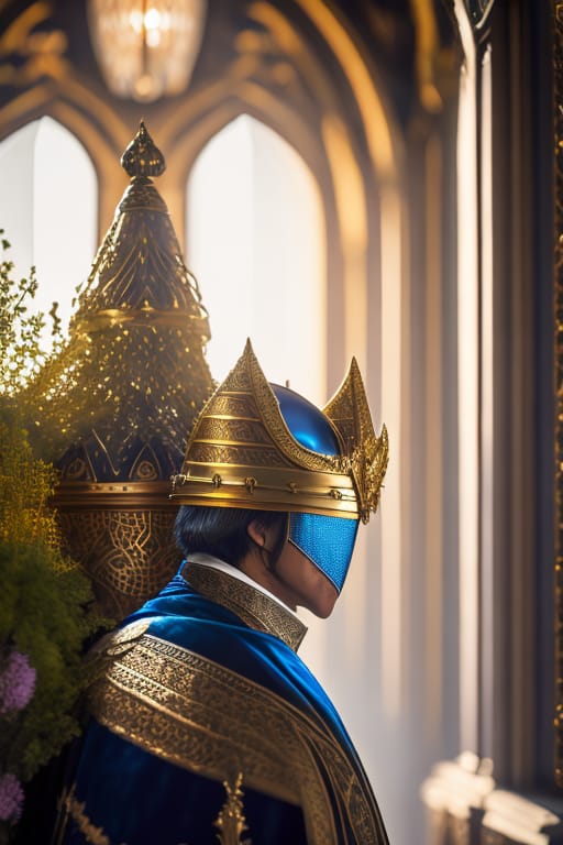 Knight In Hyper Realistic Magical Light Gold, A Helmet With Blue Eyes, Sitting On A Throne With A Cape, A Cross Drawn On The Armor, A Huge And Shiny Sword,...