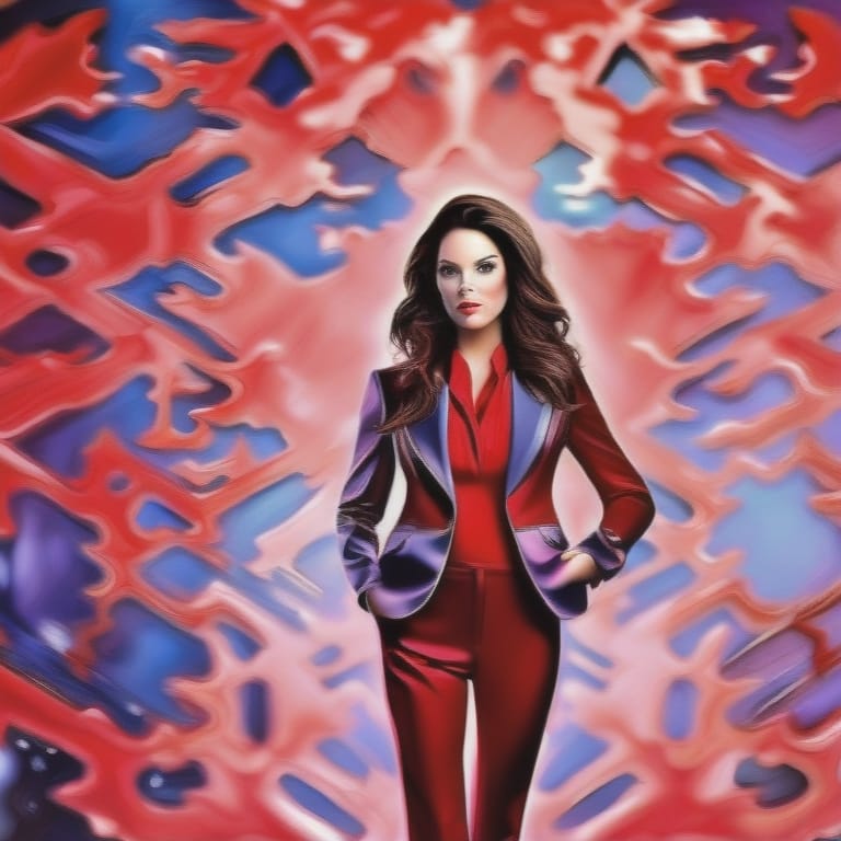 Full-body Portrait Of A Brunette Model In A Red Business Suit Standing Against A Black Background, New Style Attire With Intricate Details, Spencer's Artis...