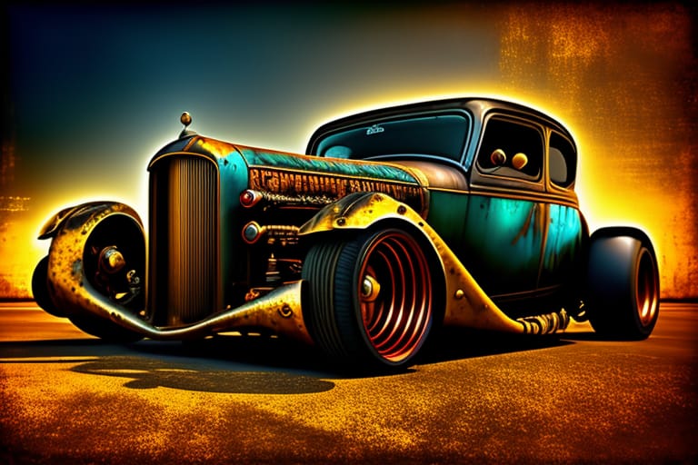 Rusty Metal Rat Rod Coupe, Vintage Style, Art By Anne Stokes, Golden Ratio, Dark Cinematic Lighting, Ray Tracing, Magical Realism, Poisoned Background With...