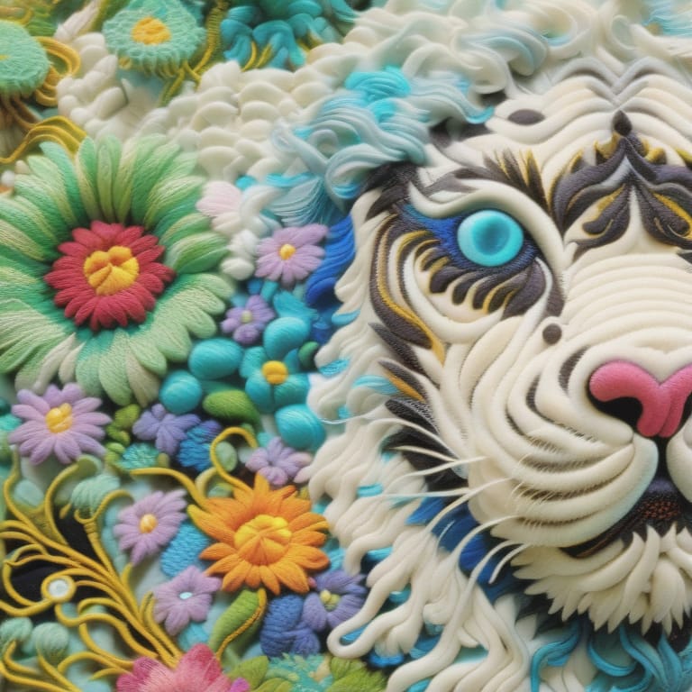 An Crocheted Doily White Patterned Embroidered Chinese Tiger By Greg Simkins And Andy Kehoe, Tetradic Colors, Storybook Illustration, Sharp Focus, Evocativ...