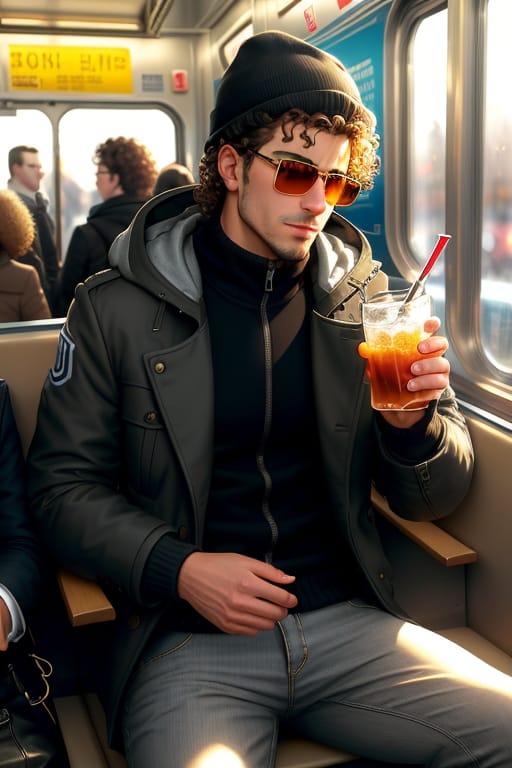 Style Of Antoine Blanchard,A Handsome Slavic Guy Is Riding In A Subway Car, Curly Hair, A Jacket With A Hood, The Edge Of Dark Glasses Is Visible In His Ja...