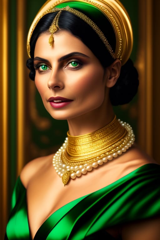 A Woman In A Green Dress And A Gold Crown, A Portrait, Inspired By Alexandre Cabanel, Shutterstock, Great Cinematic Lighting, Wearing 1 9 2 0 S Cloth Hair,...