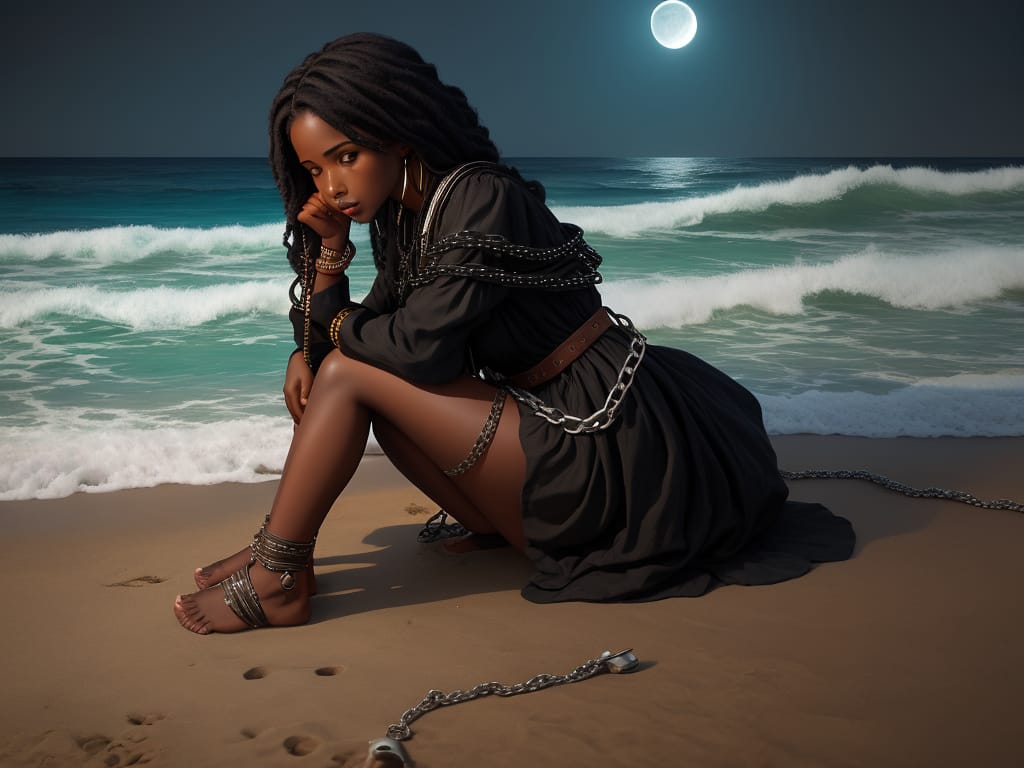 Woman Black Slave With Chains On His Feet And Moonlit Sea, Ground Level Camera Shot
