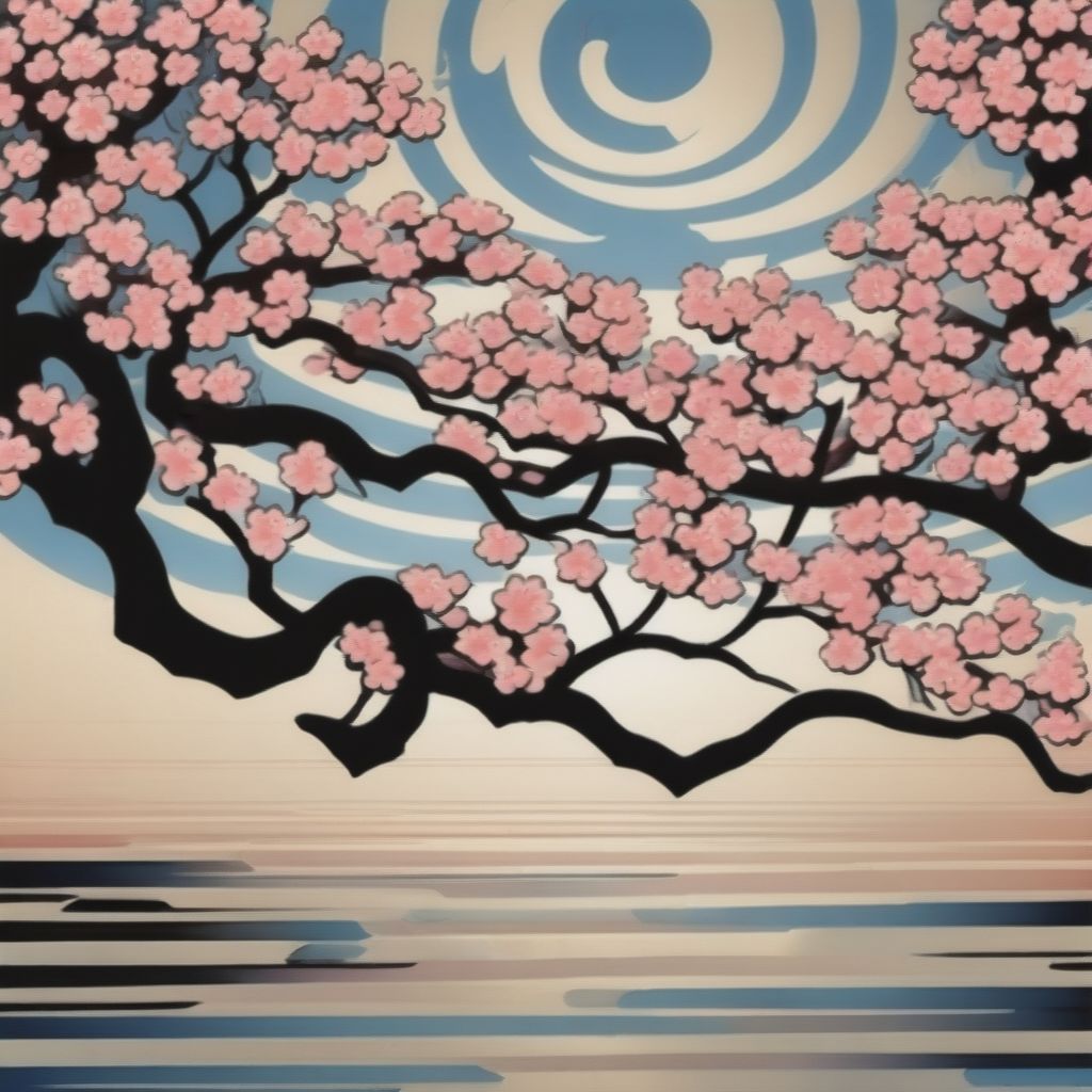 Op Art, P Style Poster Of A Beautiful Black Japanese Female Warrior Meditating Under A Blooming Cherry Blossom Tree With A Flowing River In The Background....
