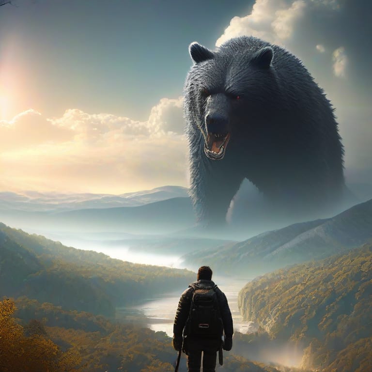 A Black Bear Standing On A Bluff In The Smoky Mountains. A Roaring Forest Fire In The Distance., Sf, Intricate Artwork Masterpiece, Ominous, Matte Painting...