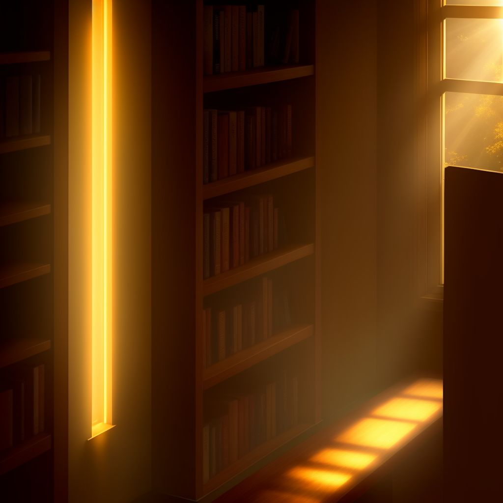 Book On A Shelf With Energy Coming From It. Golden Light, Rays, Cinematic And Moody