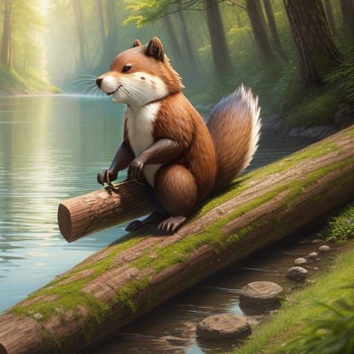 Happy Photo-realistic Beaver Holding A Long Skinny Log Sticking Out From Between His Legs