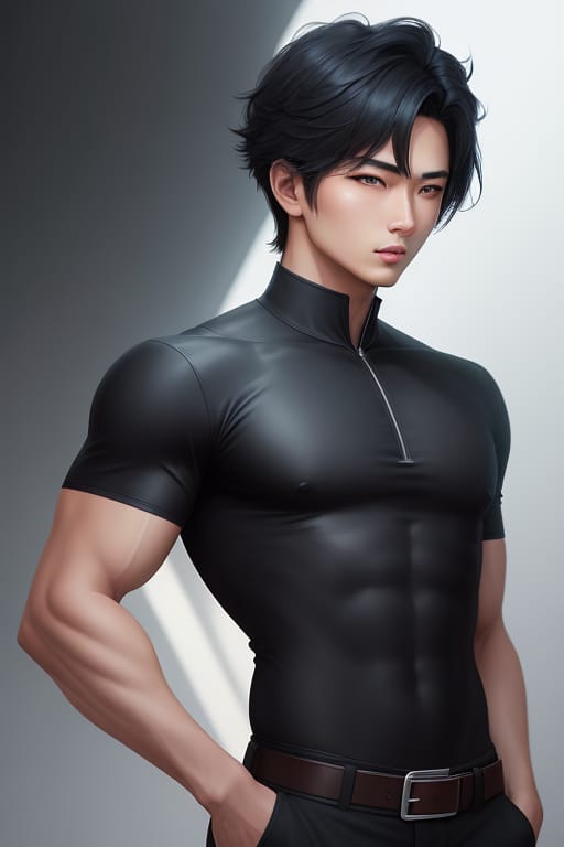 Realistic-anime Style, Cute Asian Young Man, Medium Black Hair, Asian Blue Sea Eyes, Black Mock Neck, Semi-realistic, Extremely Delicate, Insanely Detailed...