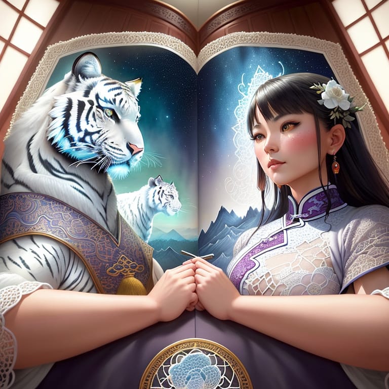 An Crocheted Doily White Patterned Chinese Tiger By Greg Simkins And Andy Kehoe, Tetradic Colors, Storybook Illustration, Sharp Focus, Evocative And Emotio...